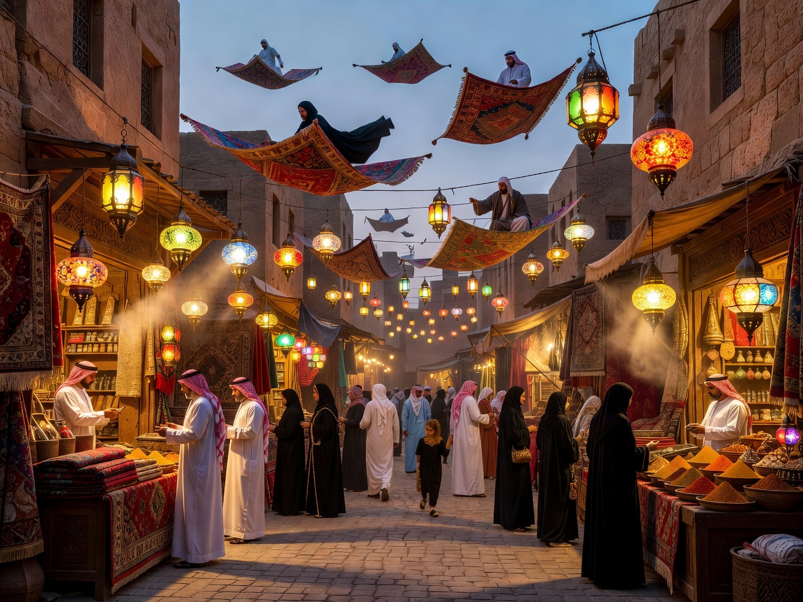 Bustling Arabian marketplace filled with mystical glowing lanterns and flying magic carpets