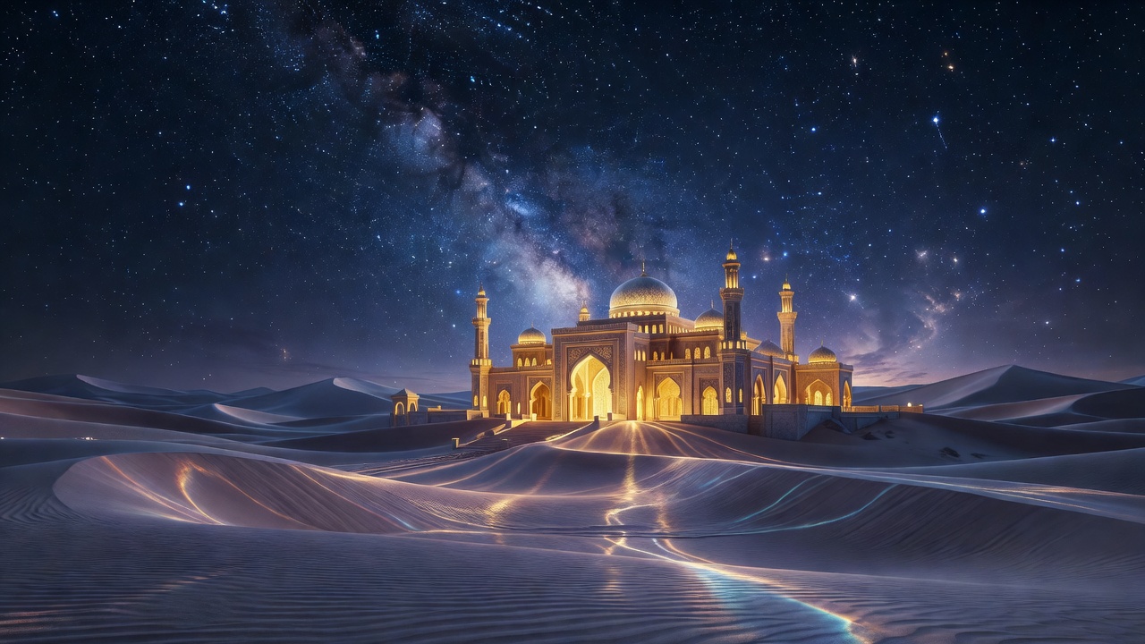 Cinematic digital art depicting a glowing golden Arabian palace nestled in mystical desert sand dunes under a starry night
