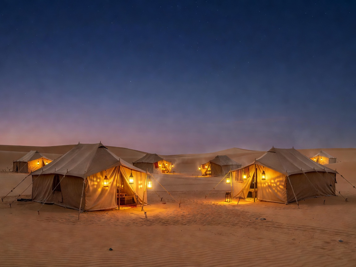 Enchanted desert camp with tents under glowing lanterns in the sands of Al-Hamra