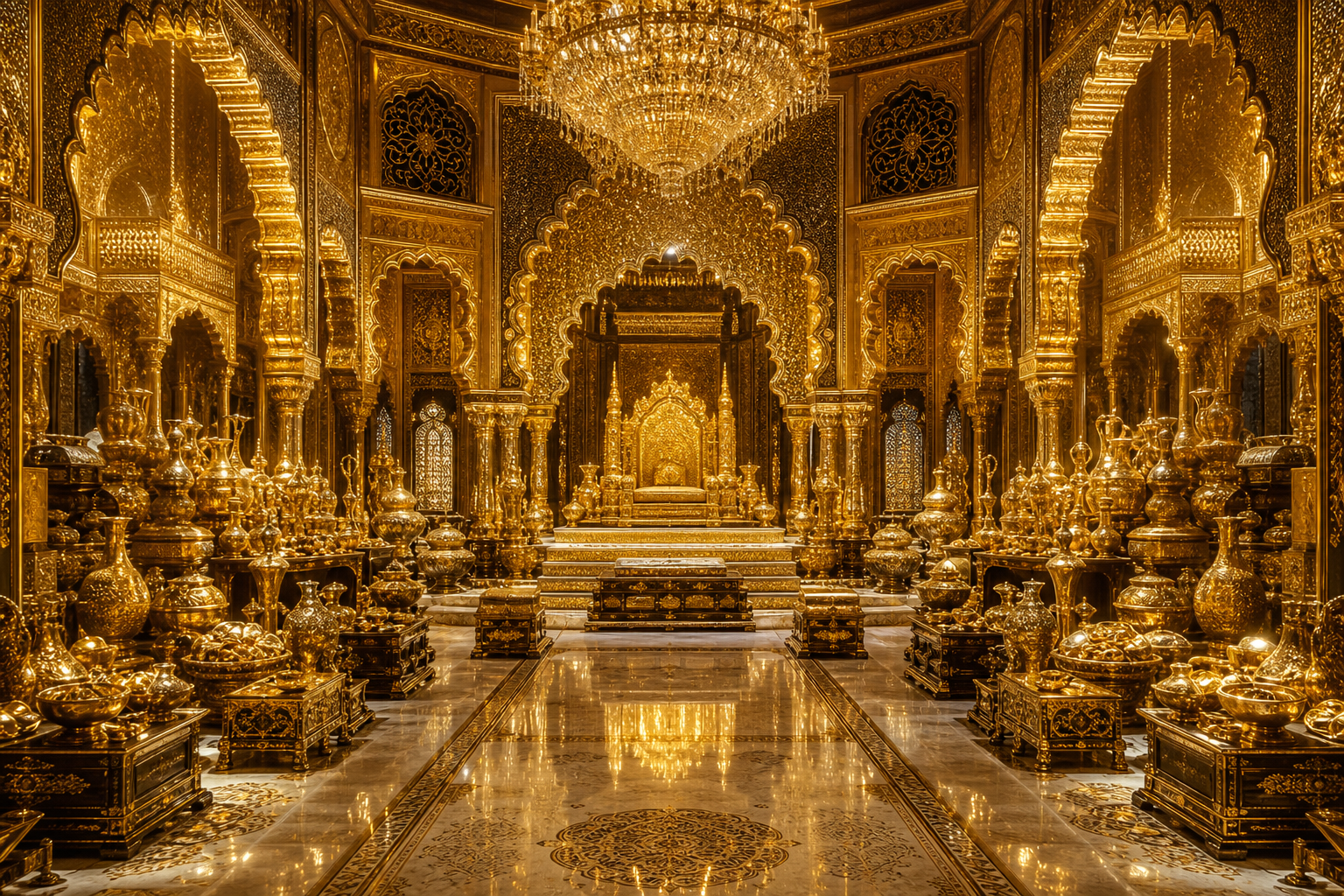 The magnificent throne hall of the Golden Sultan Palace filled with gold treasures